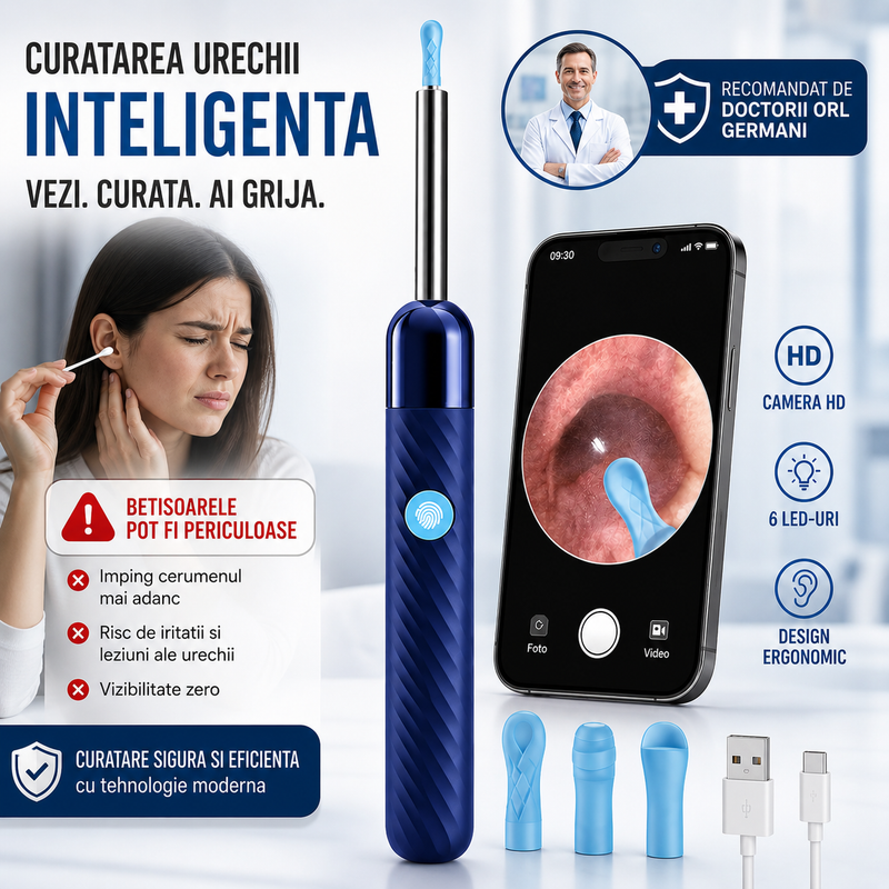 CamMicroscop pentru Urechi cu Cameră HD – Curățare Sigură și Vizualizare în Timp Real