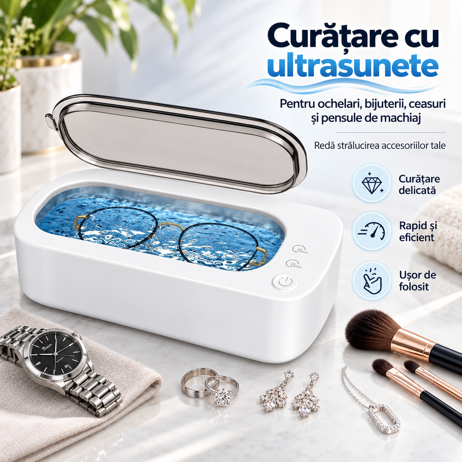 Aparat de curățat cu ultrasunete pentru bijuterii, ochelari și ceasuri